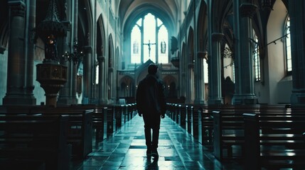 A man walking down a church aisle in the dark. Suitable for religious concepts or mysterious themes