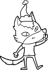 friendly hand drawn line drawing of a wolf giving peace sign wearing santa hat