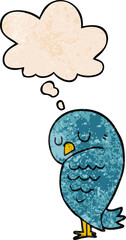 cartoon bird with thought bubble in grunge texture style
