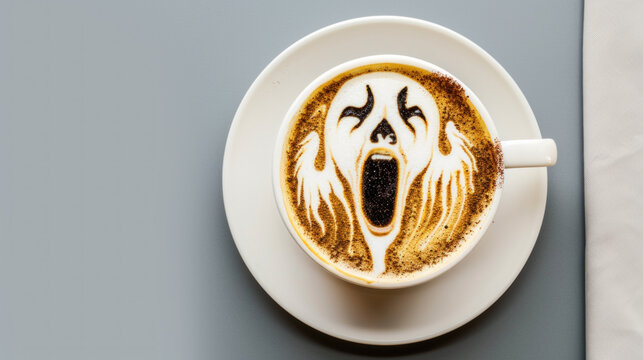Latte art with face screaming in terror, panic disorder concept