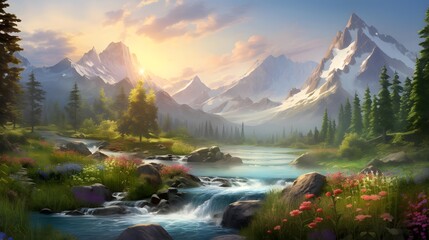 Panoramic view of the mountain river at sunset. Mountain landscape.