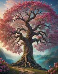 Surreal artwork of an immense cherry blossom tree on a serene path, evoking a sense of wonder and magical storytelling
