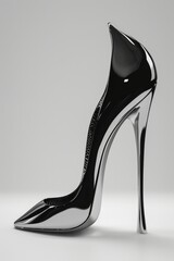 Elegant black and silver high heel shoe on white surface. Perfect for fashion or luxury concept
