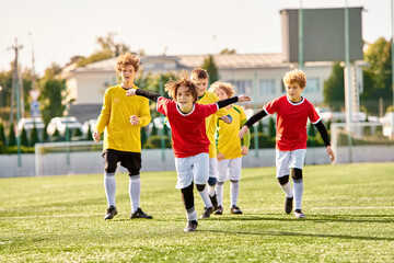 A vibrant scene unfolds as a group of young boys energetically kick around a soccer ball, displaying their skills and passion for the game on a grassy field.