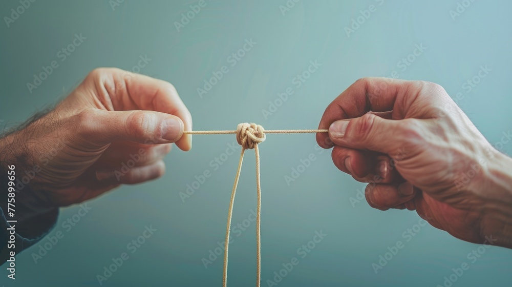 Aufkleber Two hands holding a string with a knot, versatile image for various concepts