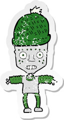 retro distressed sticker of a cartoon robot wearing hat