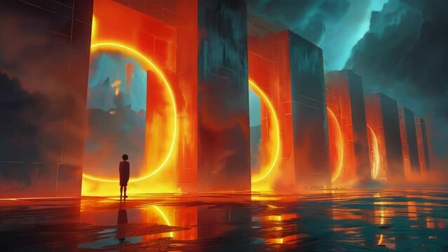 A digital artwork of a person standing in front of an infinity mirror surrounded by endless doors and portals leading to infinite parallel worlds.