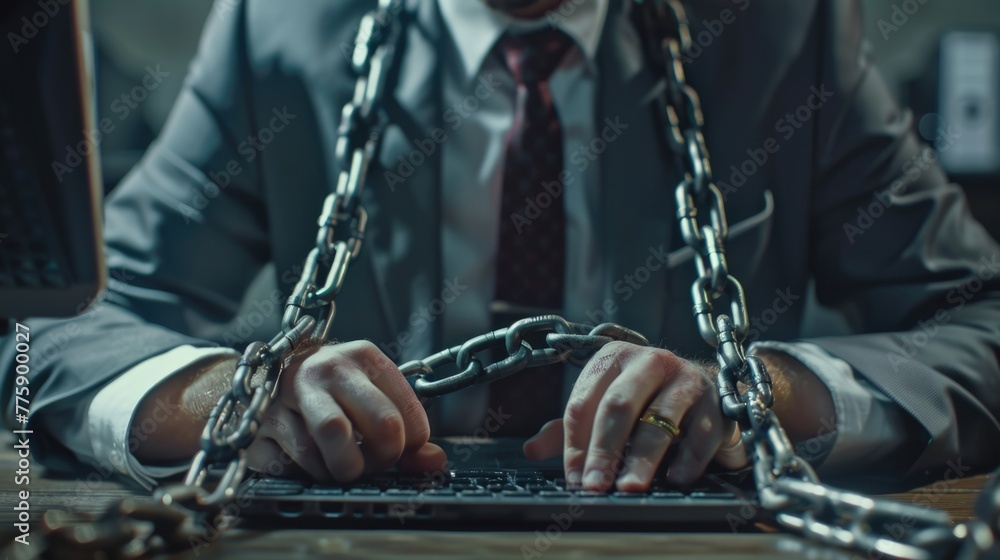 Poster a man in a suit and tie typing on a laptop. suitable for business and technology concepts