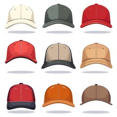 Assorted baseball caps in various vibrant colors. Ideal for sports-themed designs or fashion concepts