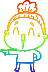 rainbow gradient line drawing of a cartoon happy old lady