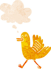 cartoon duck with thought bubble in grunge distressed retro textured style