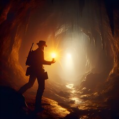 In a mysterious cave, a lone adventurer stands, silhouette illuminated by handheld light. Rugged walls echo exploration, evoking adventure. - obrazy, fototapety, plakaty
