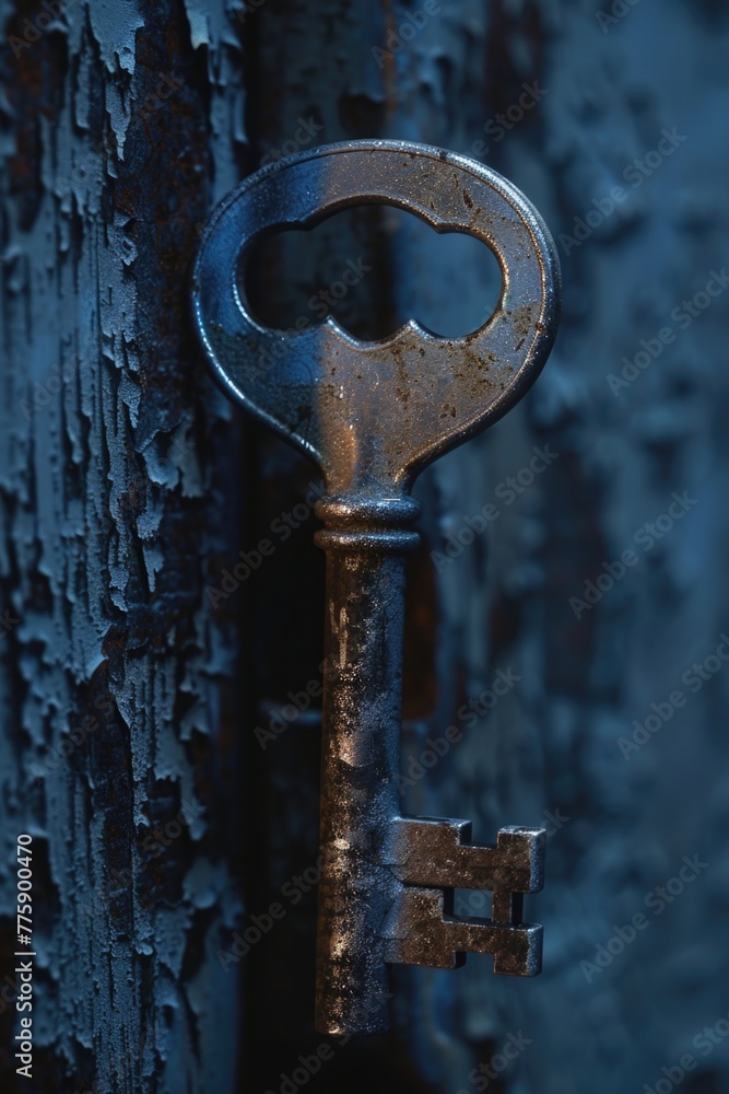 Poster A rusty key hanging from the side of a tree. Suitable for concepts of discovery and mystery