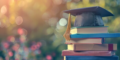 Stack of books with graduation cap on top, soft morning light for banner  - obrazy, fototapety, plakaty