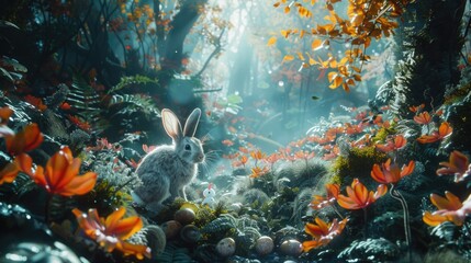 Fototapeta na wymiar A rabbit sitting in the middle of a forest. Suitable for nature and wildlife themes