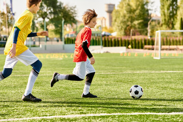 Two young children, wearing colorful soccer jerseys, enthusiastically playing soccer on a green...
