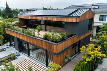 Modern Solar Panels on a roof of house with sunlight.