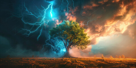A striking image of lightning hitting a tree in a field. Perfect for illustrating the power of nature - obrazy, fototapety, plakaty