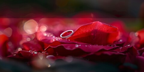 Rings on rose petal, macro shot, blurred garden background, frame 