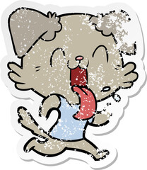 distressed sticker of a cartoon panting dog running