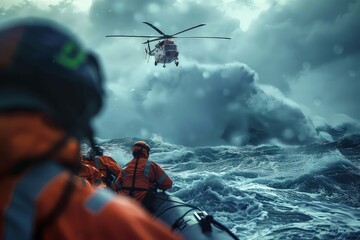 Water rescue operation. A rescue helicopter flies up to a boat with people during a storm. Battling nature's fury, the helicopter hovers above, ready to pluck the stranded from the tempestuous sea. - obrazy, fototapety, plakaty