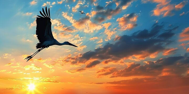 Stork silhouette flying at sunset, wide panoramic view for banner frame 