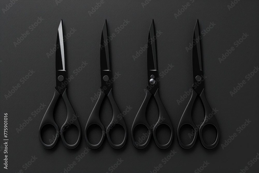 Poster four pairs of black scissors lined up next to each other. perfect for crafting projects or office su