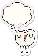 cartoon happy tooth with thought bubble as a printed sticker