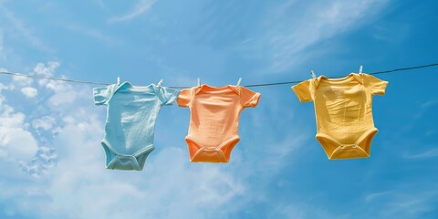 Baby onesies hanging on line, clear blue sky background, for banner