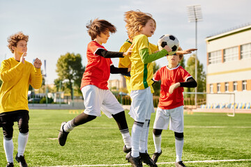 A diverse group of young children are enthusiastically playing a game of soccer. They are running, kicking the ball, and cheering each other on. 