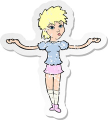 retro distressed sticker of a cartoon woman shrugging shoulders