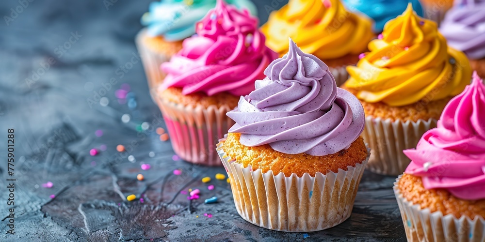 Poster Cupcakes with colorful frosting, close shot, ideal for birthday frame