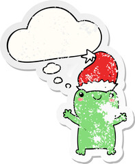 cute christmas frog with thought bubble as a distressed worn sticker