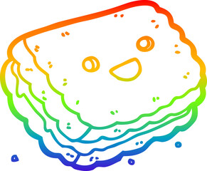 rainbow gradient line drawing of a cartoon biscuit