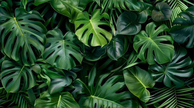 Lush green monstera leaves background