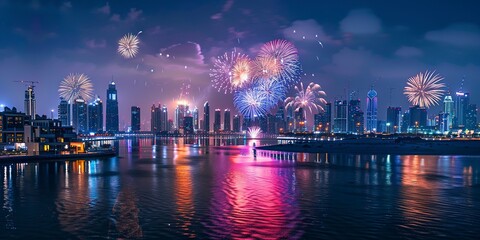 Fireworks over city skyline, night view, celebration banner background 