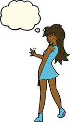cartoon woman posing in dress with thought bubble