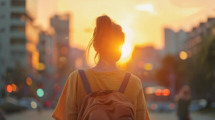 Solo Traveler: Woman Walking Along Sunset Cityscape - obrazy, fototapety, plakaty