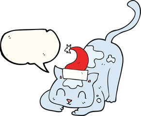 freehand drawn speech bubble cartoon cat wearing christmas hat