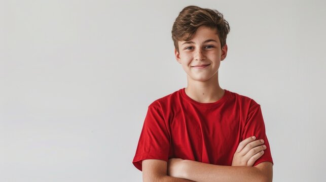 A young boy in a red shirt posing for a picture. Great for family or portrait concepts