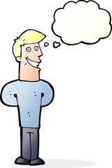 cartoon grinning man with thought bubble