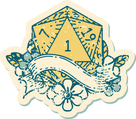 Retro Tattoo Style natural one d20 dice roll