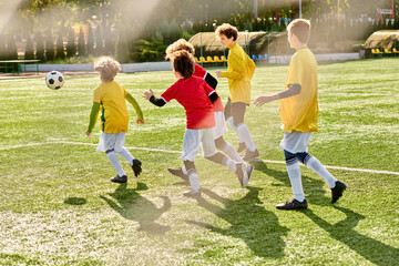A vibrant scene unfolds as a group of energetic children engage in a spirited game of soccer on a sunny field, kicking, dribbling, and passing the ball with enthusiasm and teamwork.
