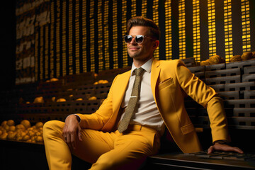 A poised individual in the perfect stock market attire, against a solid yellow background, conveying financial acumen.