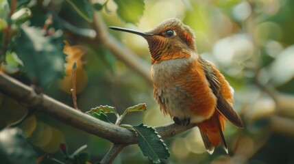 Fototapeta premium A beautiful hummingbird resting on a tree branch, perfect for nature-themed designs