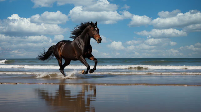 Beautiful horse gallops on the beach. A style similar to impressionist painting. Generative AI