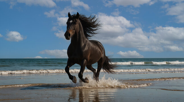 Beautiful horse gallops on the beach. A style similar to impressionist painting. Generative AI