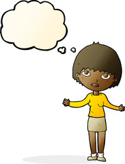 cartoon woman shrugging  with thought bubble
