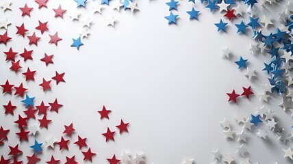 Scattered Red, White, and Blue Stars on White Background