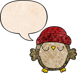 cute cartoon owl in hat with speech bubble in retro texture style